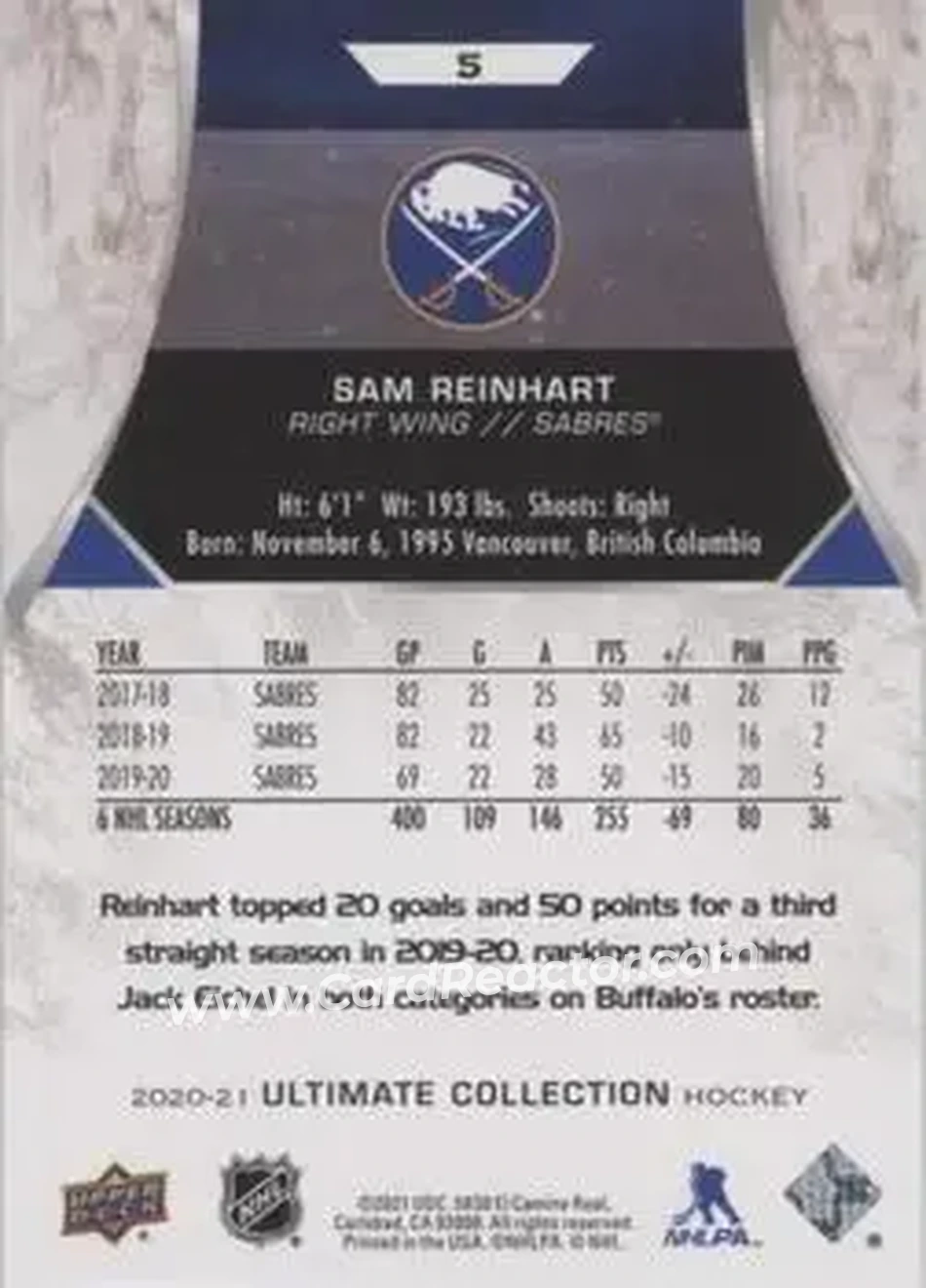 2020-21 Upper Deck Ultimate Collection #5 - Sam Reinhart - Buffalo Sabres - Back