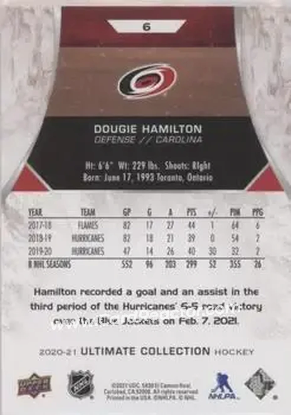 2020-21 Upper Deck Ultimate Collection #6 - Dougie Hamilton - Carolina Hurricanes - Back