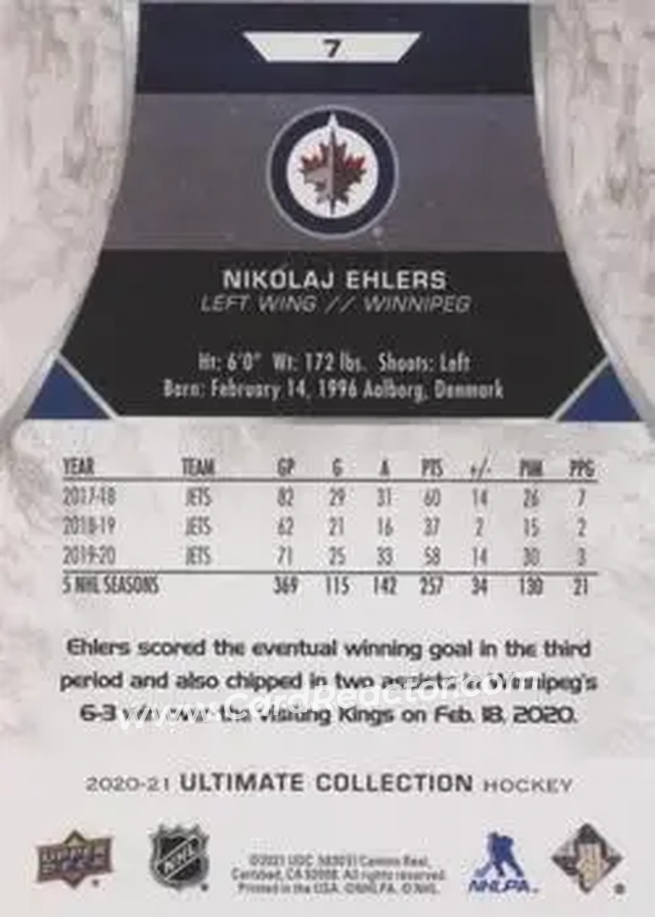 2020-21 Upper Deck Ultimate Collection #7 - Nikolaj Ehlers - Winnipeg Jets - Back