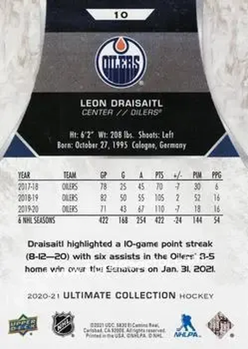2020-21 Upper Deck Ultimate Collection #10 - Leon Draisaitl - Edmonton Oilers - Back