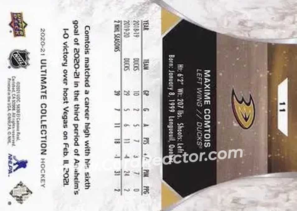 2020-21 Upper Deck Ultimate Collection #11 - Maxime Comtois - Anaheim Ducks - Back 2020-21 Upper Deck Ultimate Collection #11 - Maxime Comtois - Anaheim Ducks - Back