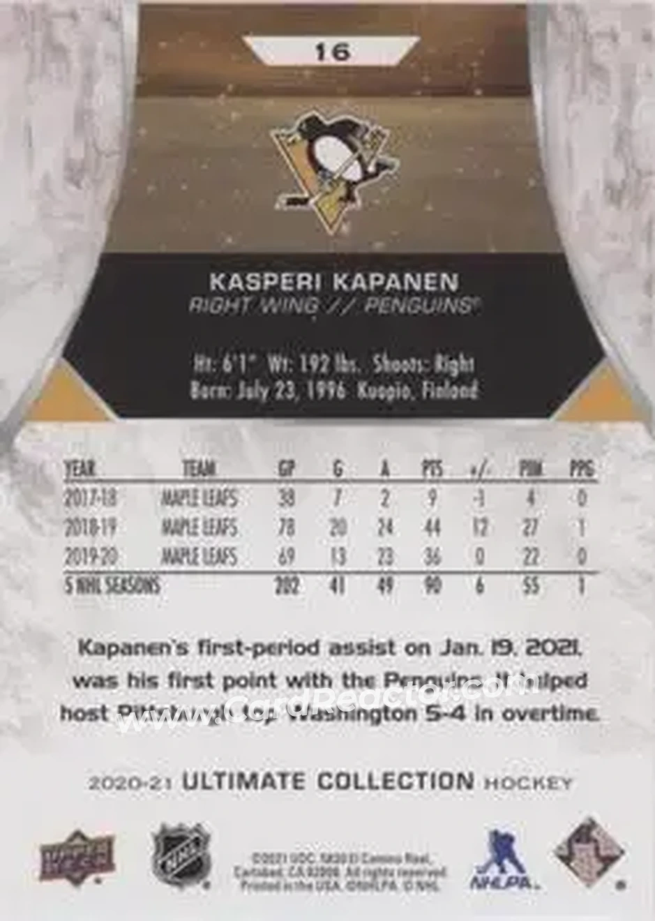 2020-21 Upper Deck Ultimate Collection #16 - Kasperi Kapanen - Pittsburgh Penguins - Back