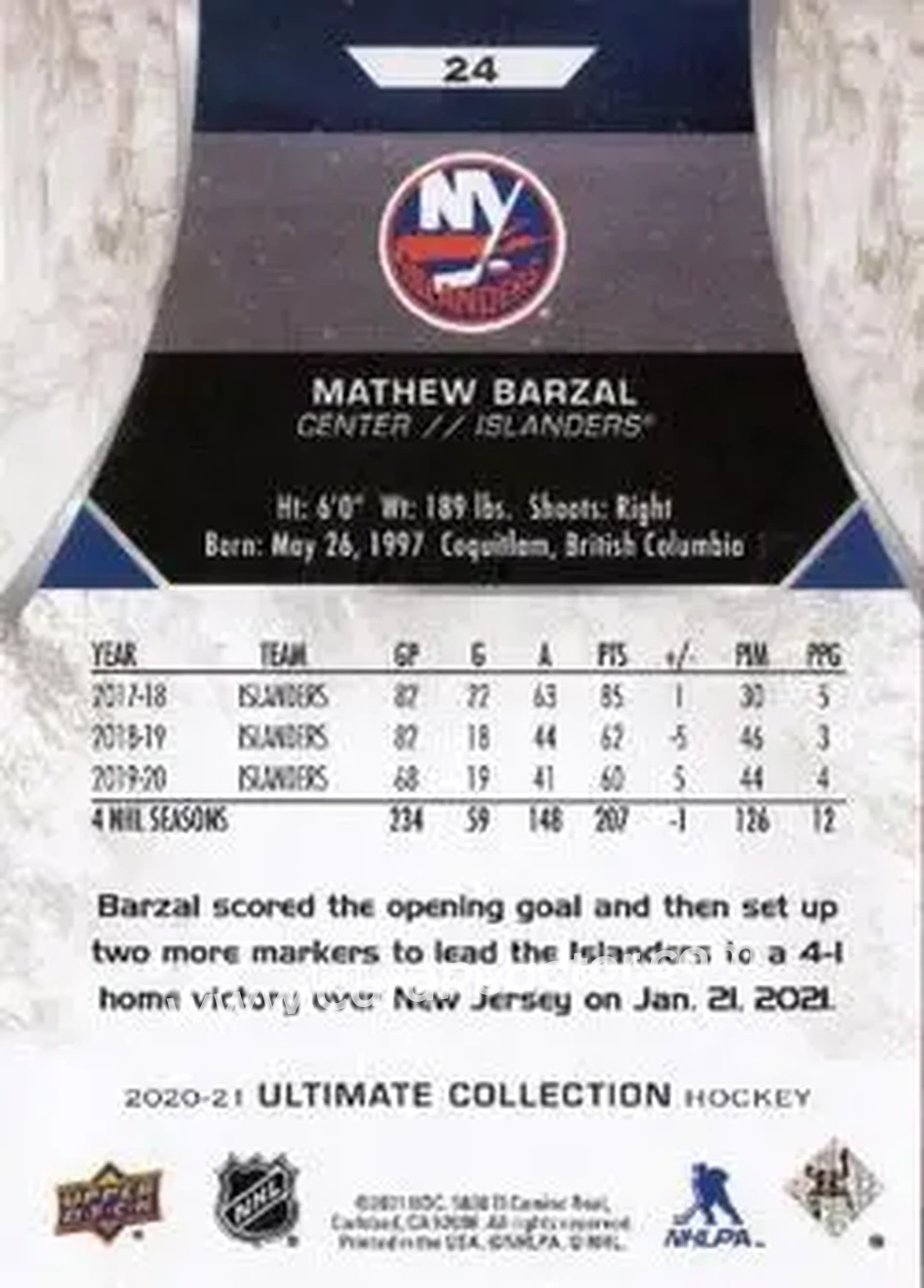 2020-21 Upper Deck Ultimate Collection #24 - Mathew Barzal - New York Islanders - Back 2020-21 Upper Deck Ultimate Collection #24 - Mathew Barzal - New York Islanders - Back