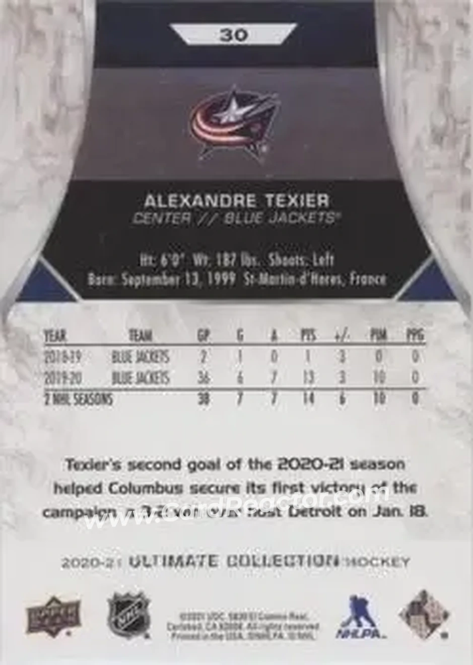 2020-21 Upper Deck Ultimate Collection #30 - Alexandre Texier - Columbus Blue Jackets - Back 2020-21 Upper Deck Ultimate Collection #30 - Alexandre Texier - Columbus Blue Jackets - Back