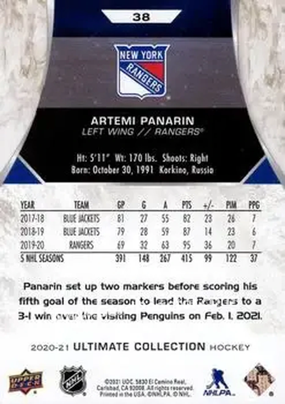 2020-21 Upper Deck Ultimate Collection #38 - Artemi Panarin - New York Rangers - Back