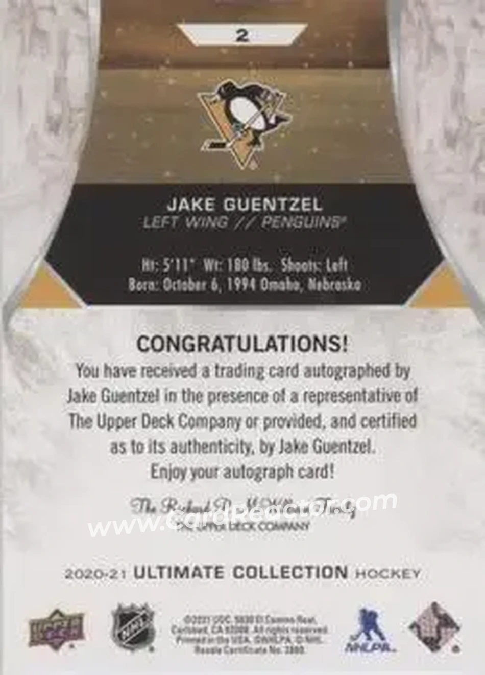2020-21 Upper Deck Ultimate Collection - Autographs #2 - Jake Guentzel - Pittsburgh Penguins - Back