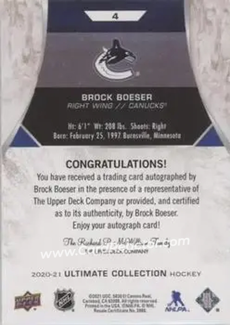 2020-21 Upper Deck Ultimate Collection - Autographs #4 - Brock Boeser - Vancouver Canucks - Back 2020-21 Upper Deck Ultimate Collection - Autographs #4 - Brock Boeser - Vancouver Canucks - Back