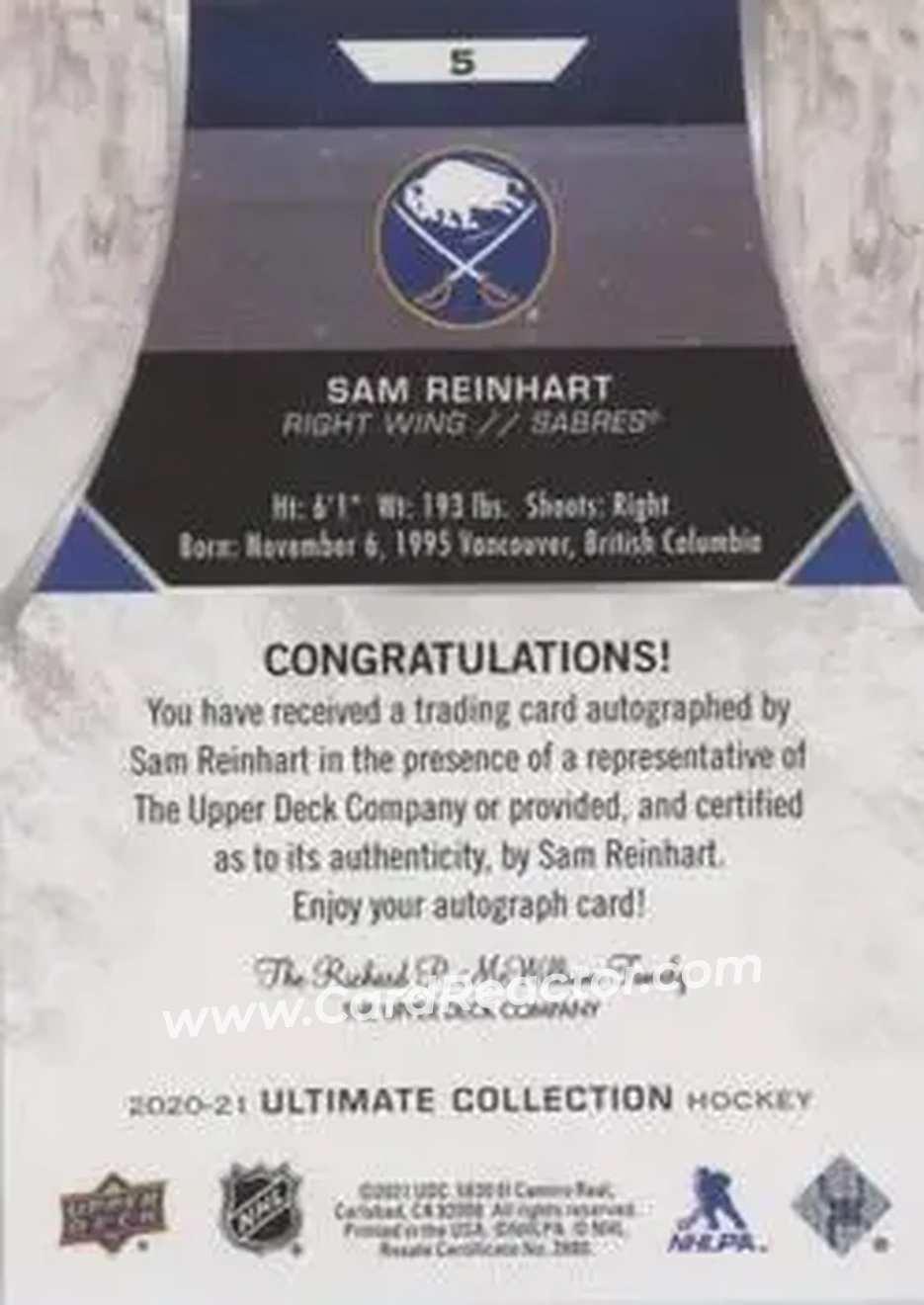 2020-21 Upper Deck Ultimate Collection - Autographs #5 - Sam Reinhart - Buffalo Sabres - Back 2020-21 Upper Deck Ultimate Collection - Autographs #5 - Sam Reinhart - Buffalo Sabres - Back
