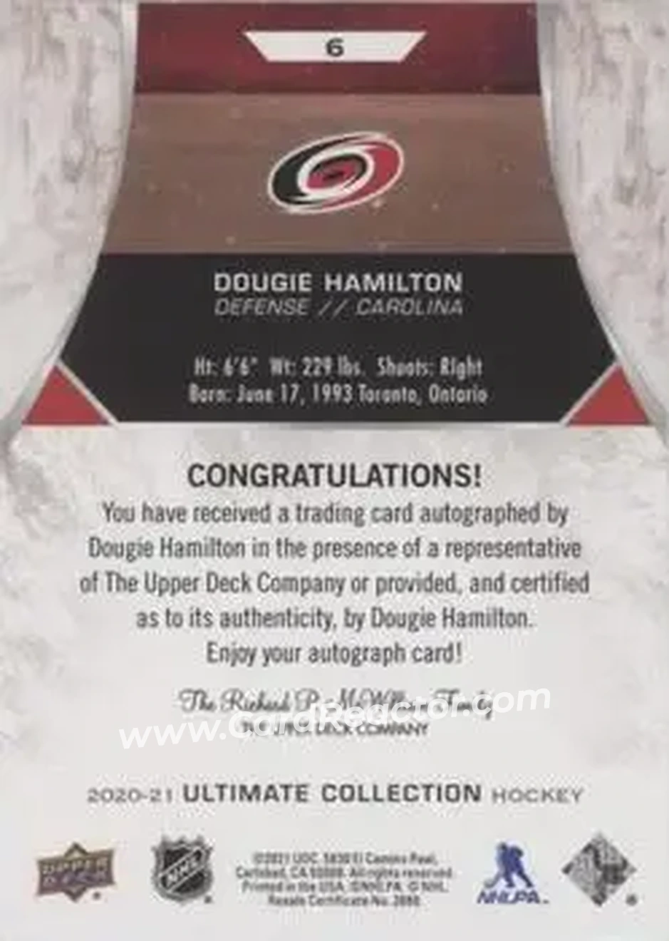 2020-21 Upper Deck Ultimate Collection - Autographs #6 - Dougie Hamilton - Carolina Hurricanes - Back