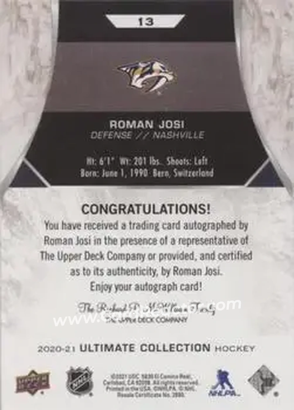 2020-21 Upper Deck Ultimate Collection - Autographs #13 - Roman Josi - Nashville Predators - Back