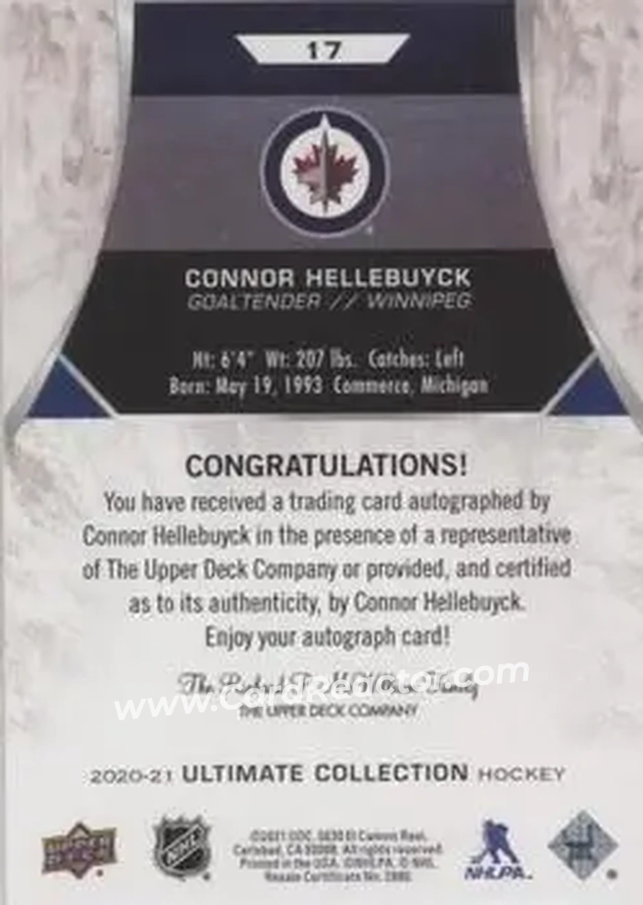 2020-21 Upper Deck Ultimate Collection - Autographs #17 - Connor Hellebuyck - Winnipeg Jets - Back