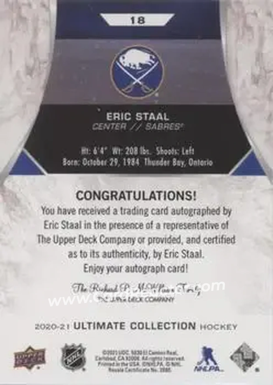 2020-21 Upper Deck Ultimate Collection - Autographs #18 - Eric Staal - Buffalo Sabres - Back