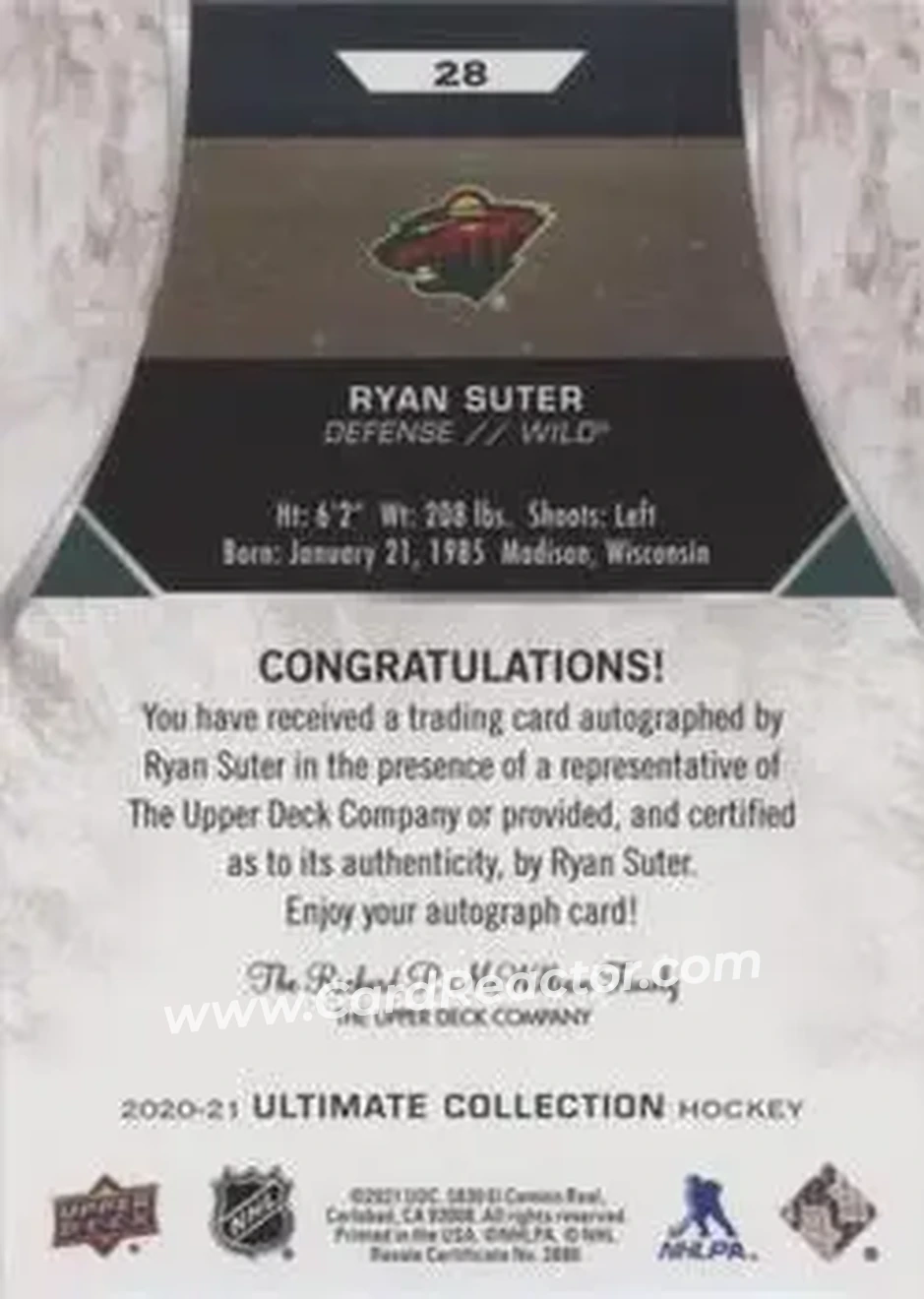 2020-21 Upper Deck Ultimate Collection - Autographs #28 - Ryan Suter - Minnesota Wild - Back 2020-21 Upper Deck Ultimate Collection - Autographs #28 - Ryan Suter - Minnesota Wild - Back