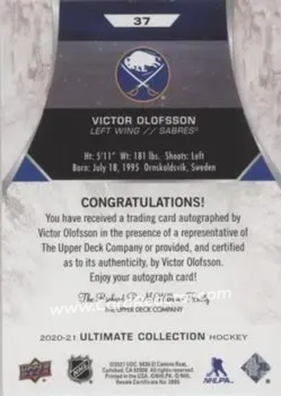 2020-21 Upper Deck Ultimate Collection - Autographs #37 - Victor Olofsson - Buffalo Sabres - Back 2020-21 Upper Deck Ultimate Collection - Autographs #37 - Victor Olofsson - Buffalo Sabres - Back
