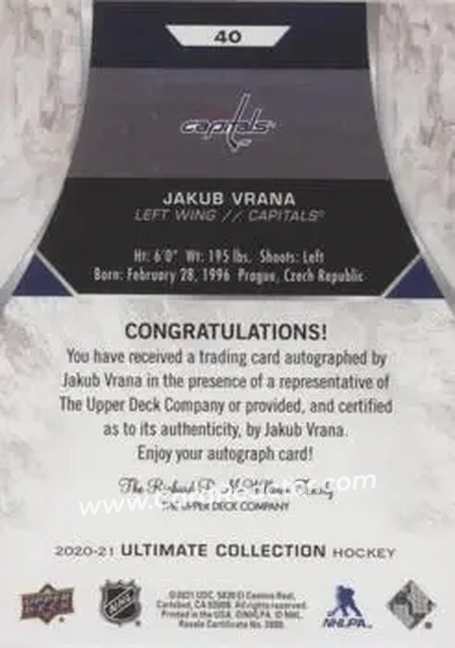 2020-21 Upper Deck Ultimate Collection - Autographs #40 - Jakub Vrana - Washington Capitals - Back