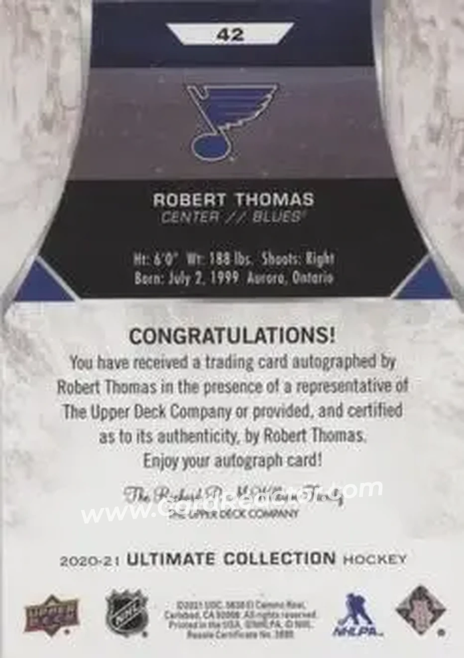 2020-21 Upper Deck Ultimate Collection - Autographs #42 - Robert Thomas - St. Louis Blues - Back