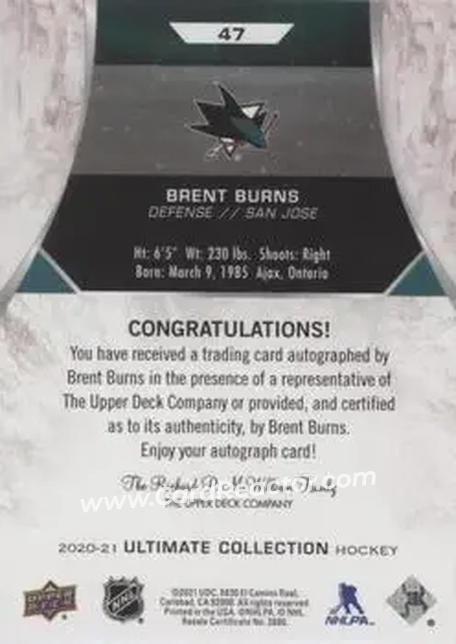 2020-21 Upper Deck Ultimate Collection - Autographs #47 - Brent Burns - San Jose Sharks - Back