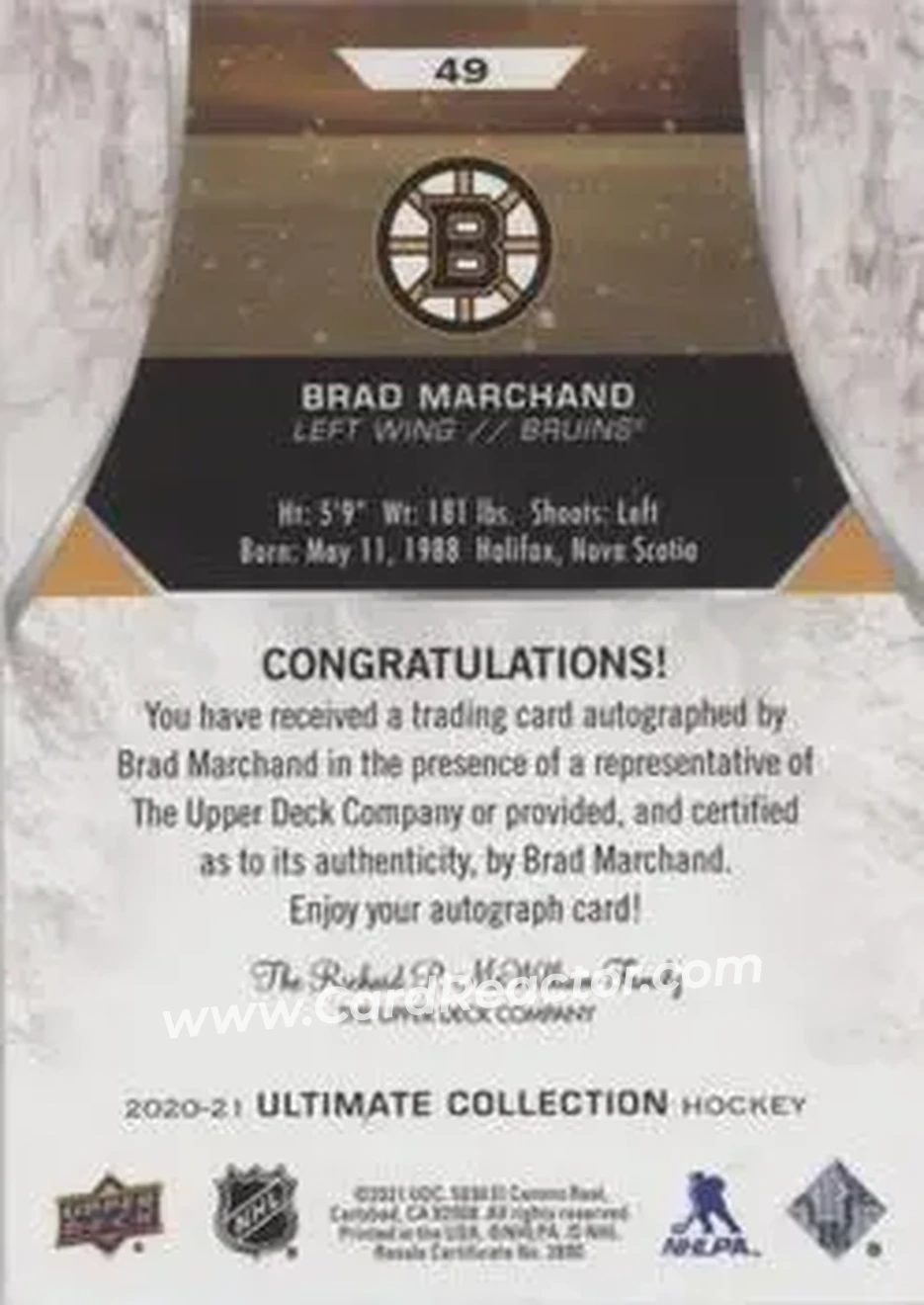 2020-21 Upper Deck Ultimate Collection - Autographs #49 - Brad Marchand - Boston Bruins - Back
