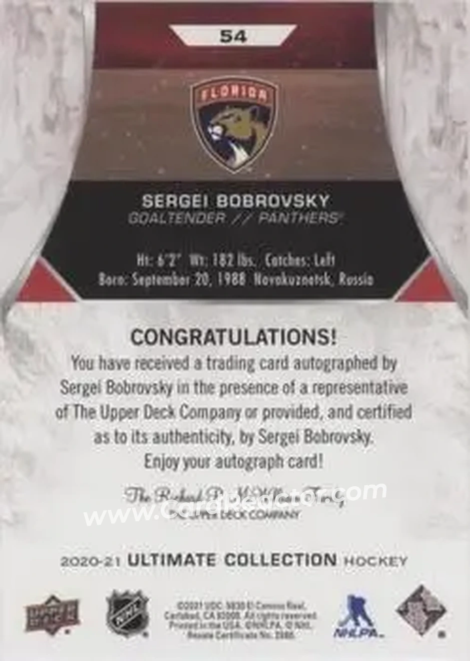2020-21 Upper Deck Ultimate Collection - Autographs #54 - Sergei Bobrovsky - Florida Panthers - Back