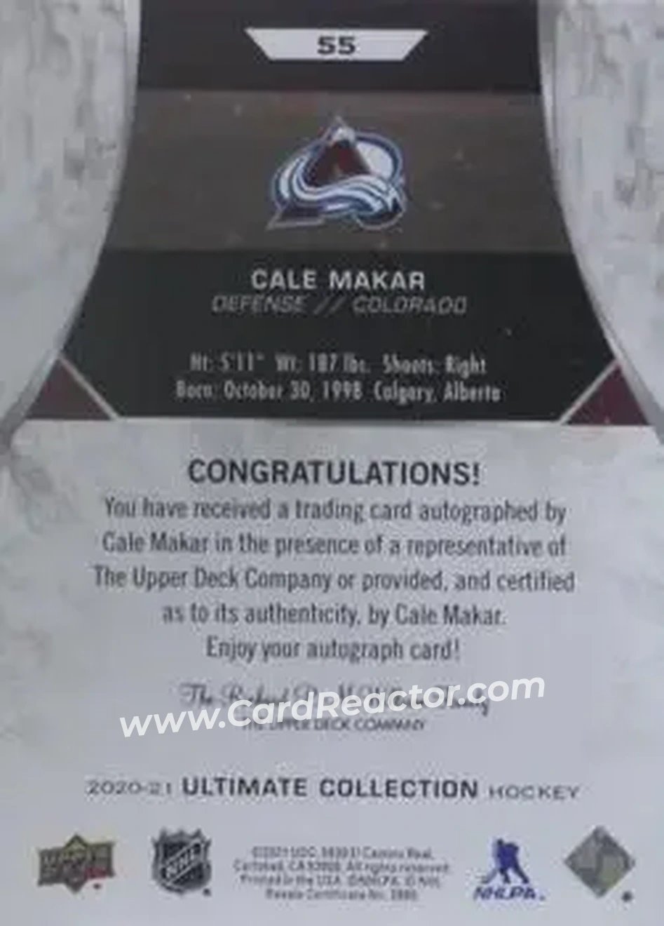 2020-21 Upper Deck Ultimate Collection - Autographs #55 - Cale Makar - Colorado Avalanche - Back