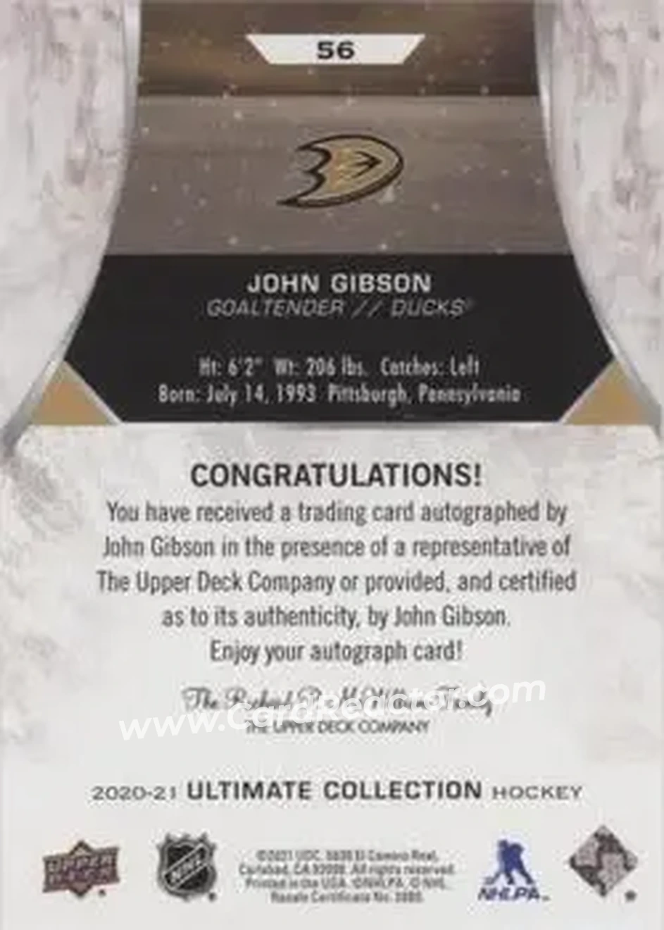 2020-21 Upper Deck Ultimate Collection - Autographs #56 - John Gibson - Anaheim Ducks - Back