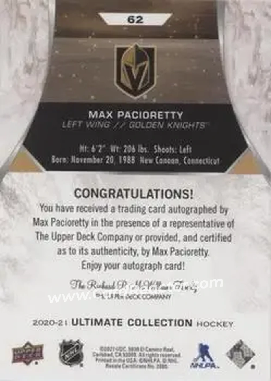 2020-21 Upper Deck Ultimate Collection - Autographs #62 - Max Pacioretty - Vegas Golden Knights - Back