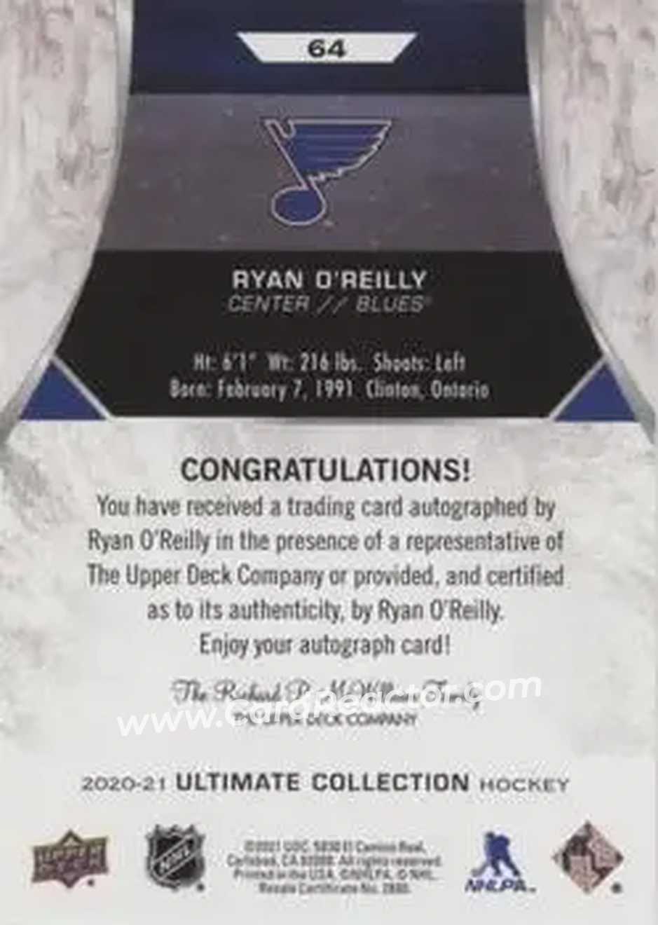 2020-21 Upper Deck Ultimate Collection - Autographs #64 - Ryan O'Reilly - St. Louis Blues - Back
