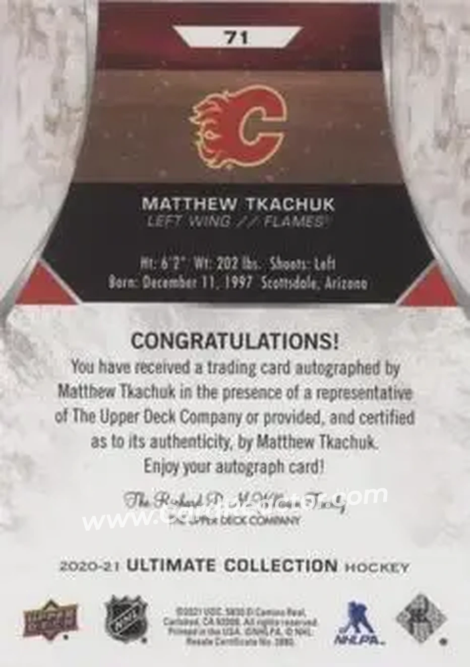 2020-21 Upper Deck Ultimate Collection - Autographs #71 - Matthew Tkachuk - Calgary Flames - Back 2020-21 Upper Deck Ultimate Collection - Autographs #71 - Matthew Tkachuk - Calgary Flames - Back