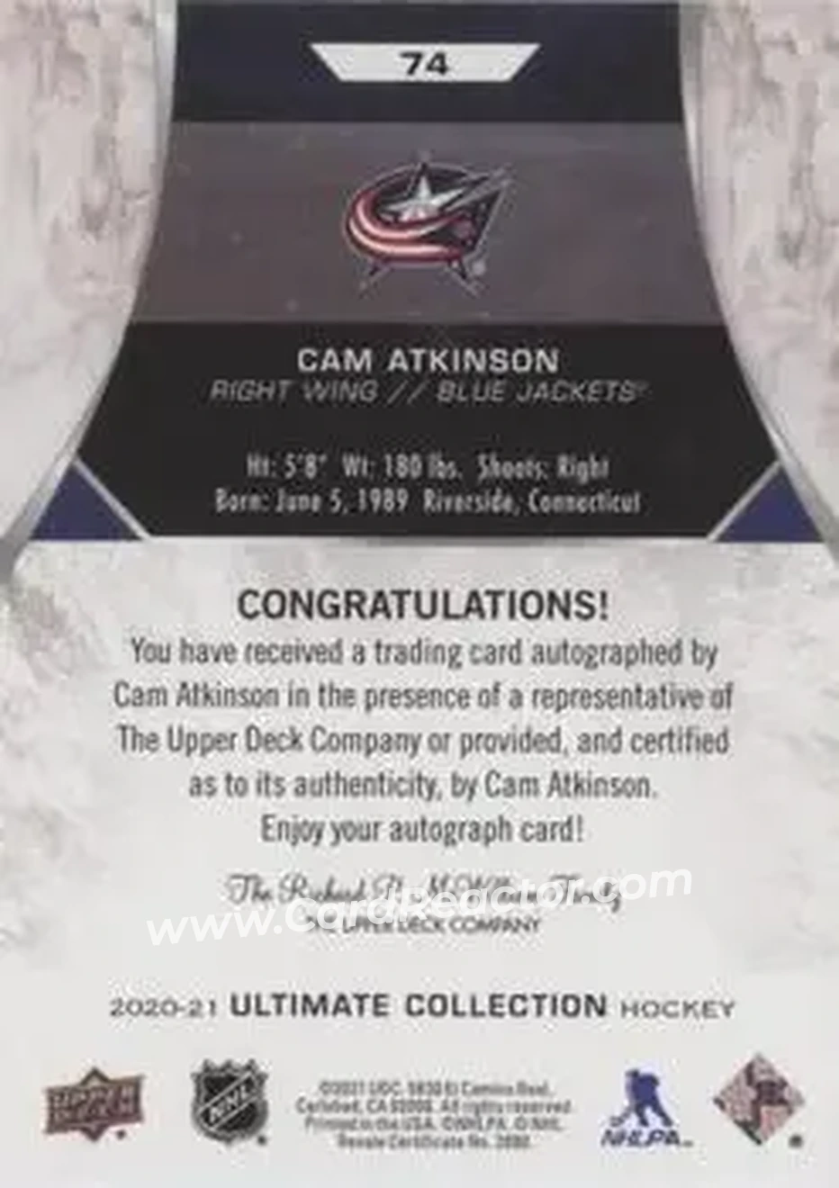2020-21 Upper Deck Ultimate Collection - Autographs #74 - Cam Atkinson - Columbus Blue Jackets - Back