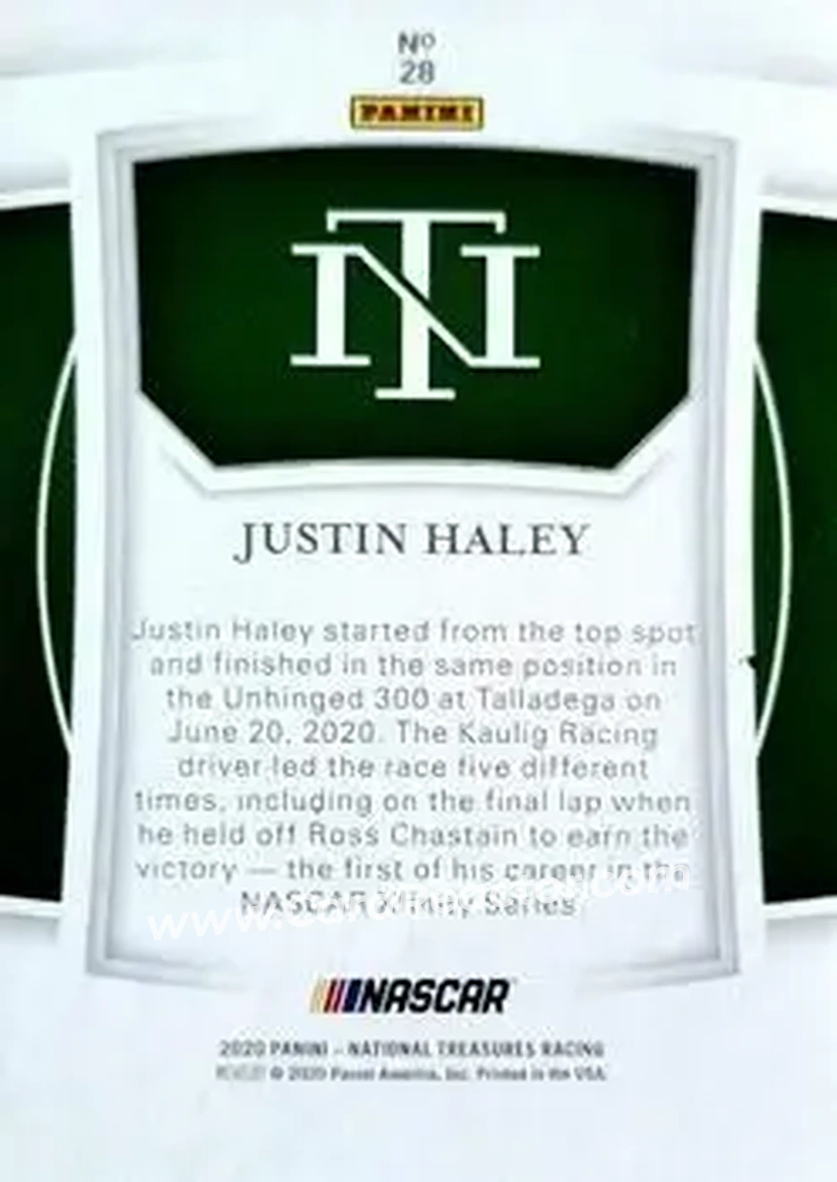 2020 Panini National Treasures - Holo Platinum Blue #28 - Justin Haley - Kaulig Racing - Back