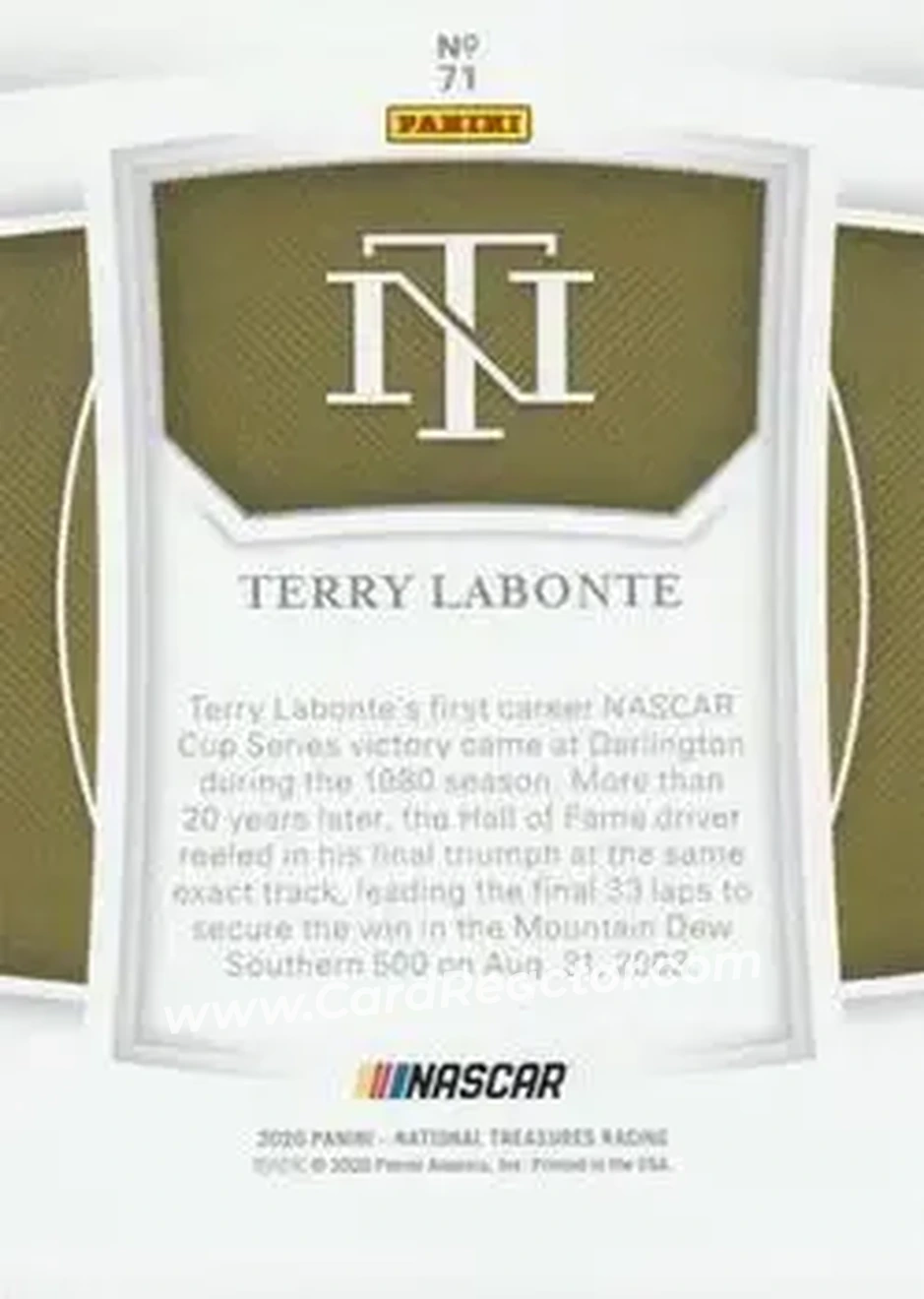 2020 Panini National Treasures - Holo Platinum Blue #71 - Terry Labonte - Hendrick Motorsports - Back 2020 Panini National Treasures - Holo Platinum Blue #71 - Terry Labonte - Hendrick Motorsports - Back