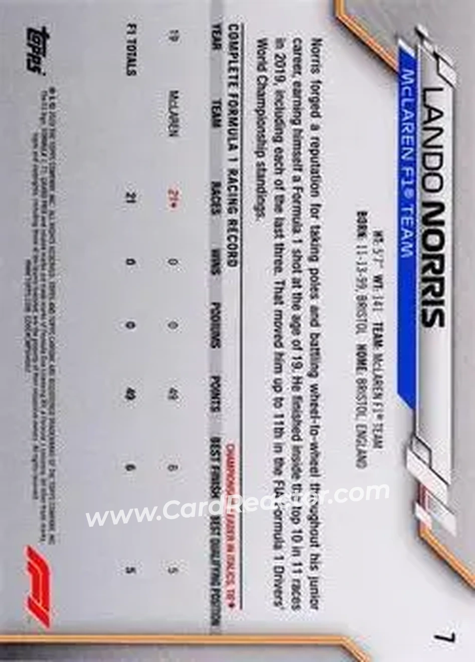 2020 Topps Chrome Formula 1 #7b - Lando Norris - McLaren F1 - Back