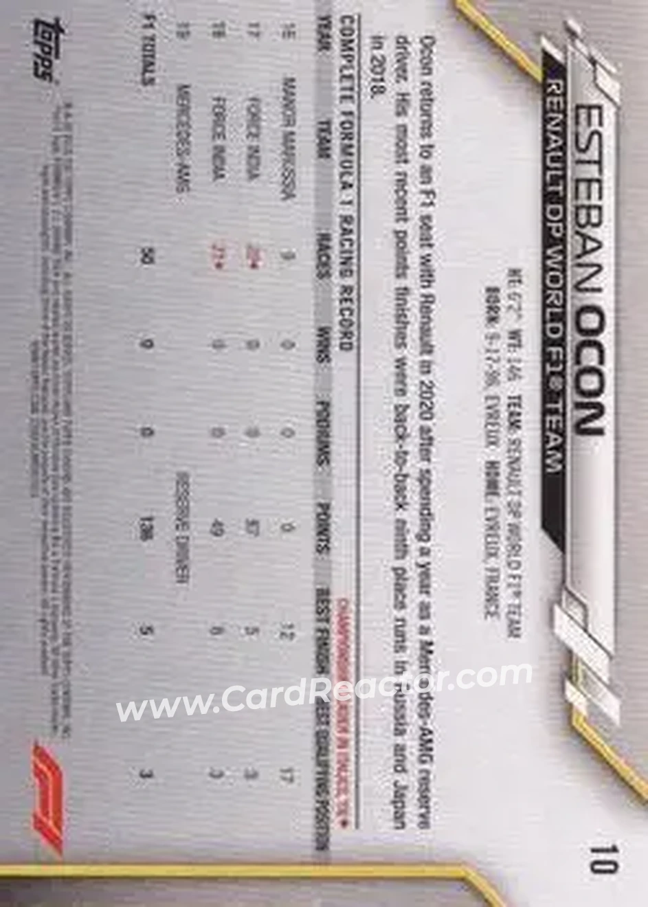 2020 Topps Chrome Sapphire Edition Formula 1 #10b - Esteban Ocon - Renault DP World F1 - Back