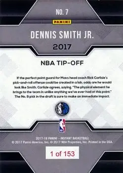 2017-18 Panini Instant NBA #7 - Dennis Smith Jr. - Dallas Mavericks - Back