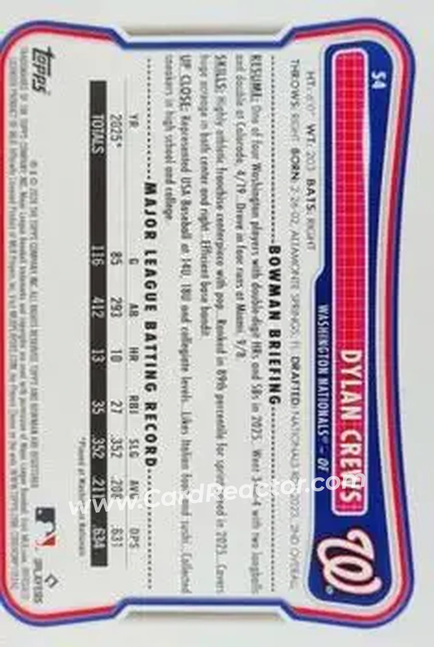 2026 Bowman - Orange Pattern #54 - Dylan Crews - Washington Nationals - Back