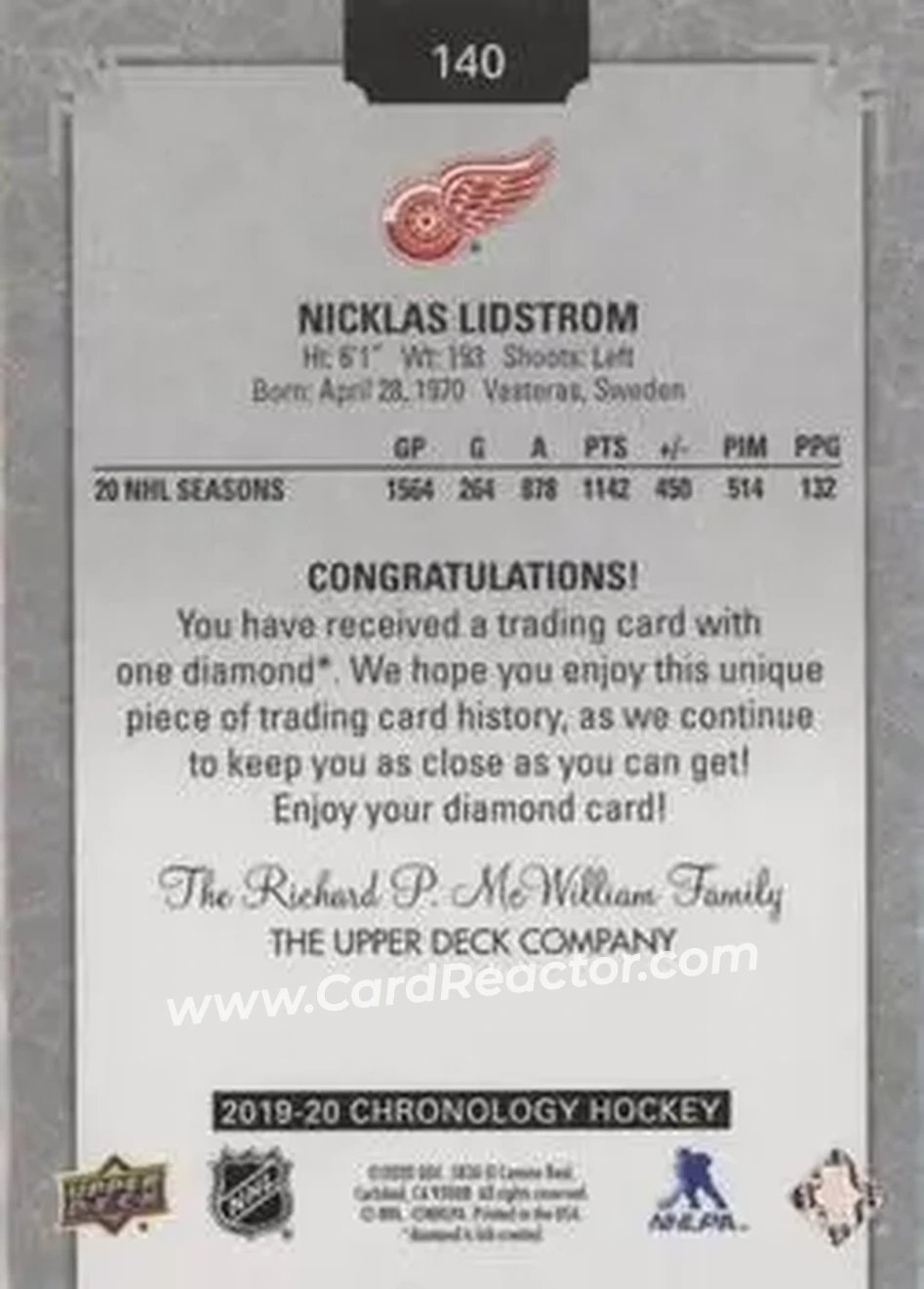 2019-20 Upper Deck Chronology - Diamond Relics #140 - Nicklas Lidstrom - Detroit Red Wings - Back