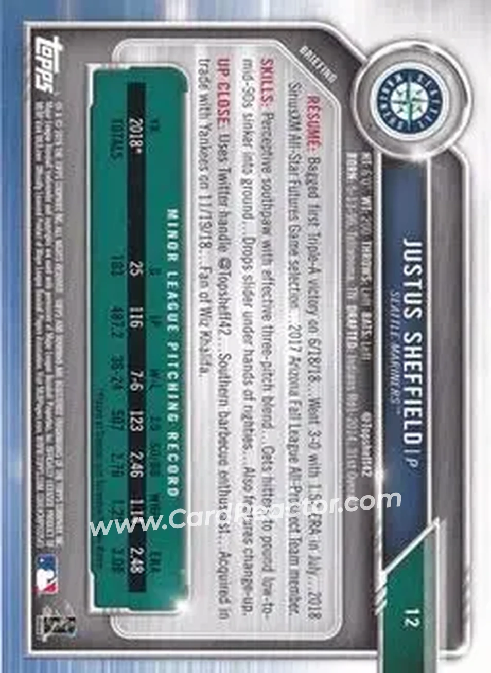 2019 Bowman - Gold #12 - Justus Sheffield - Seattle Mariners - Back