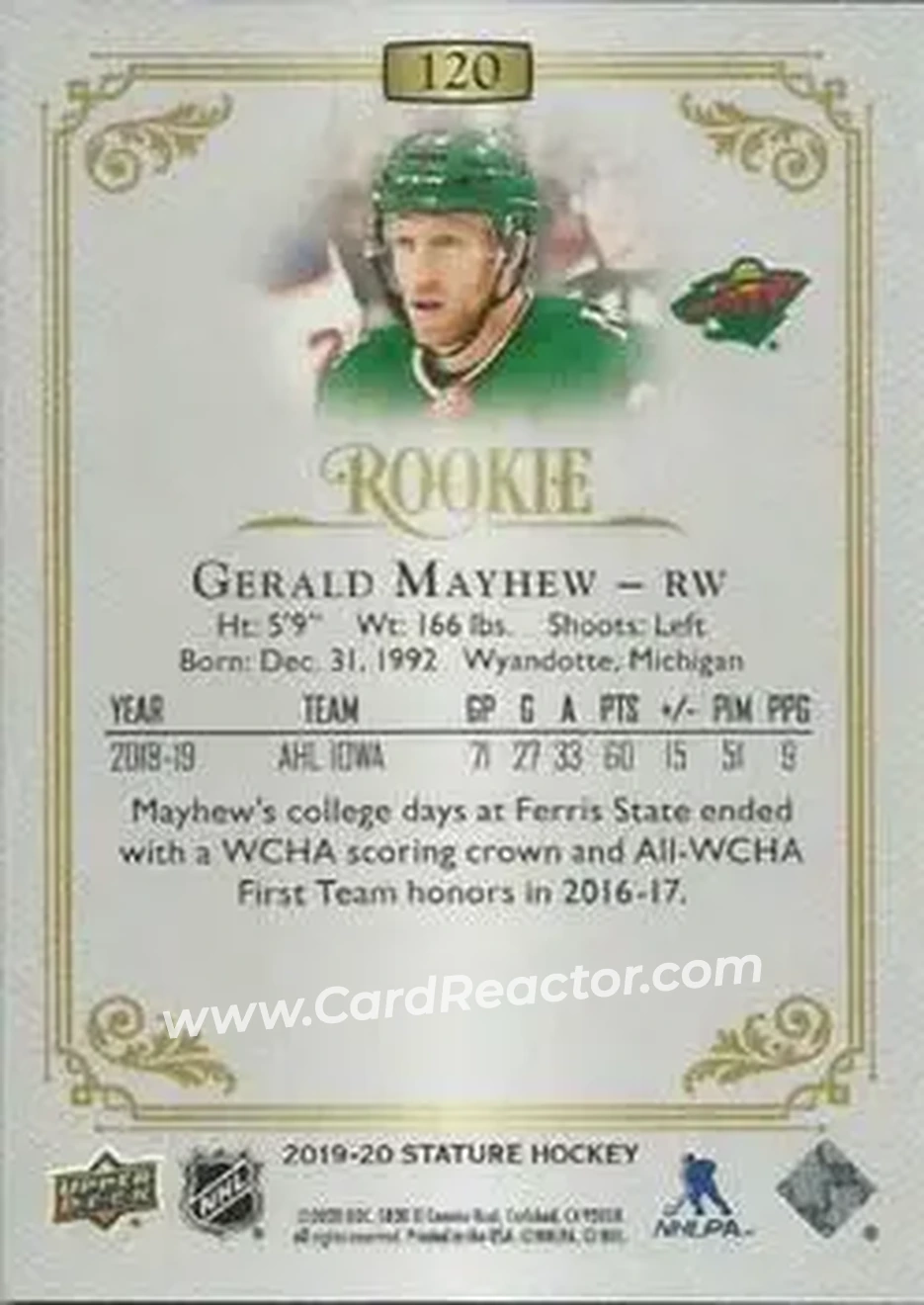 2019-20 Upper Deck Stature #120 - Gerald Mayhew - Minnesota Wild - Back