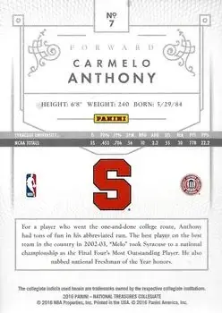 2016 Panini National Treasures Collegiate #7 - Carmelo Anthony - Syracuse Orangemen - Back
