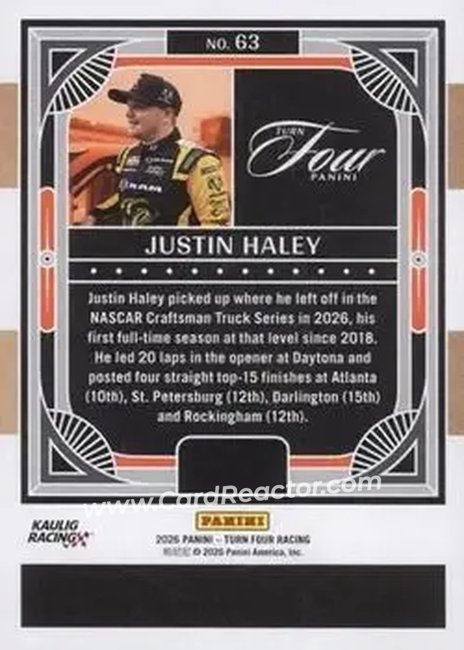 2026 Panini Turn Four - Red #63 - Justin Haley - Kaulig Racing - Back