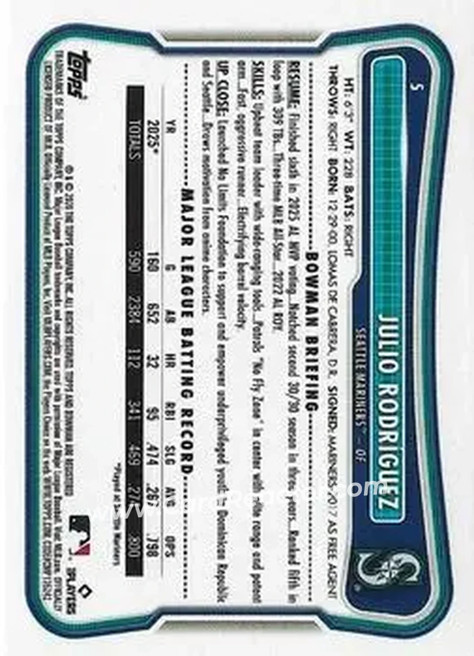 2026 Bowman - Pink #5 - Julio Rodríguez - Seattle Mariners - Back