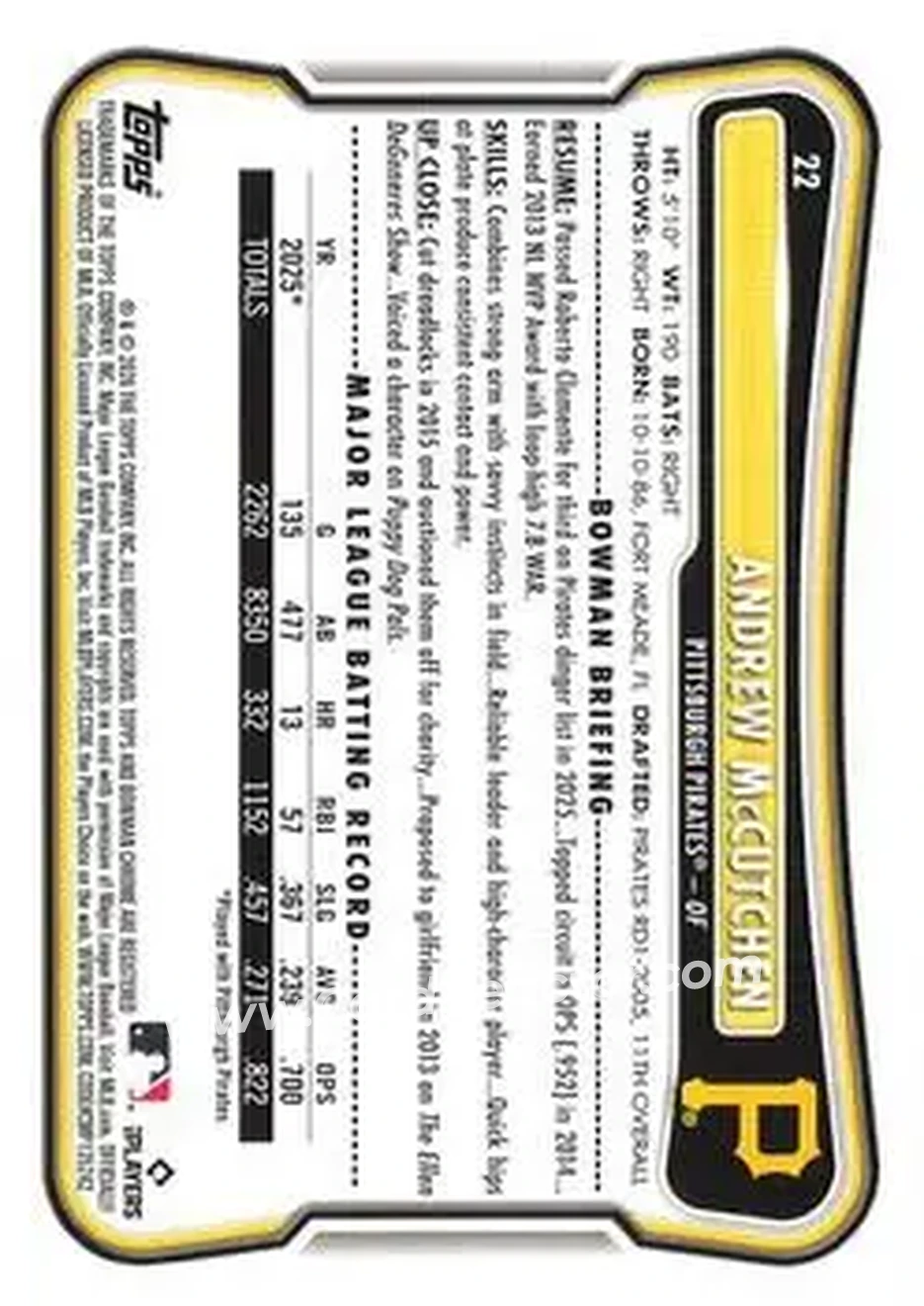 2026 Bowman - Pink #22 - Andrew McCutchen - Pittsburgh Pirates - Back
