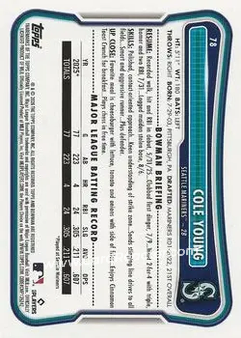 2026 Bowman - Pink #78 - Cole Young - Seattle Mariners - Back