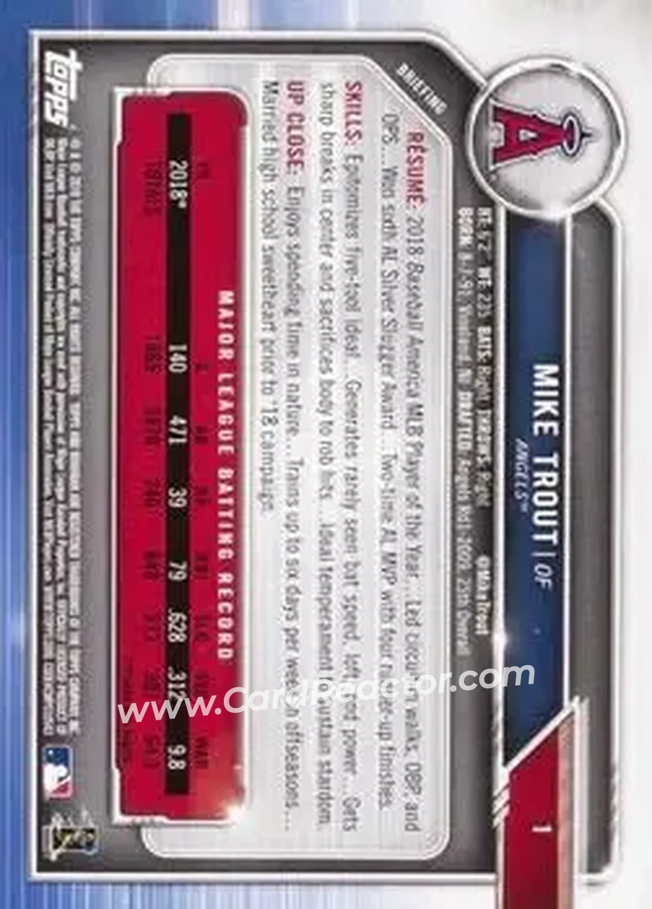2019 Bowman - Green #1 - Mike Trout - Los Angeles Angels - Back