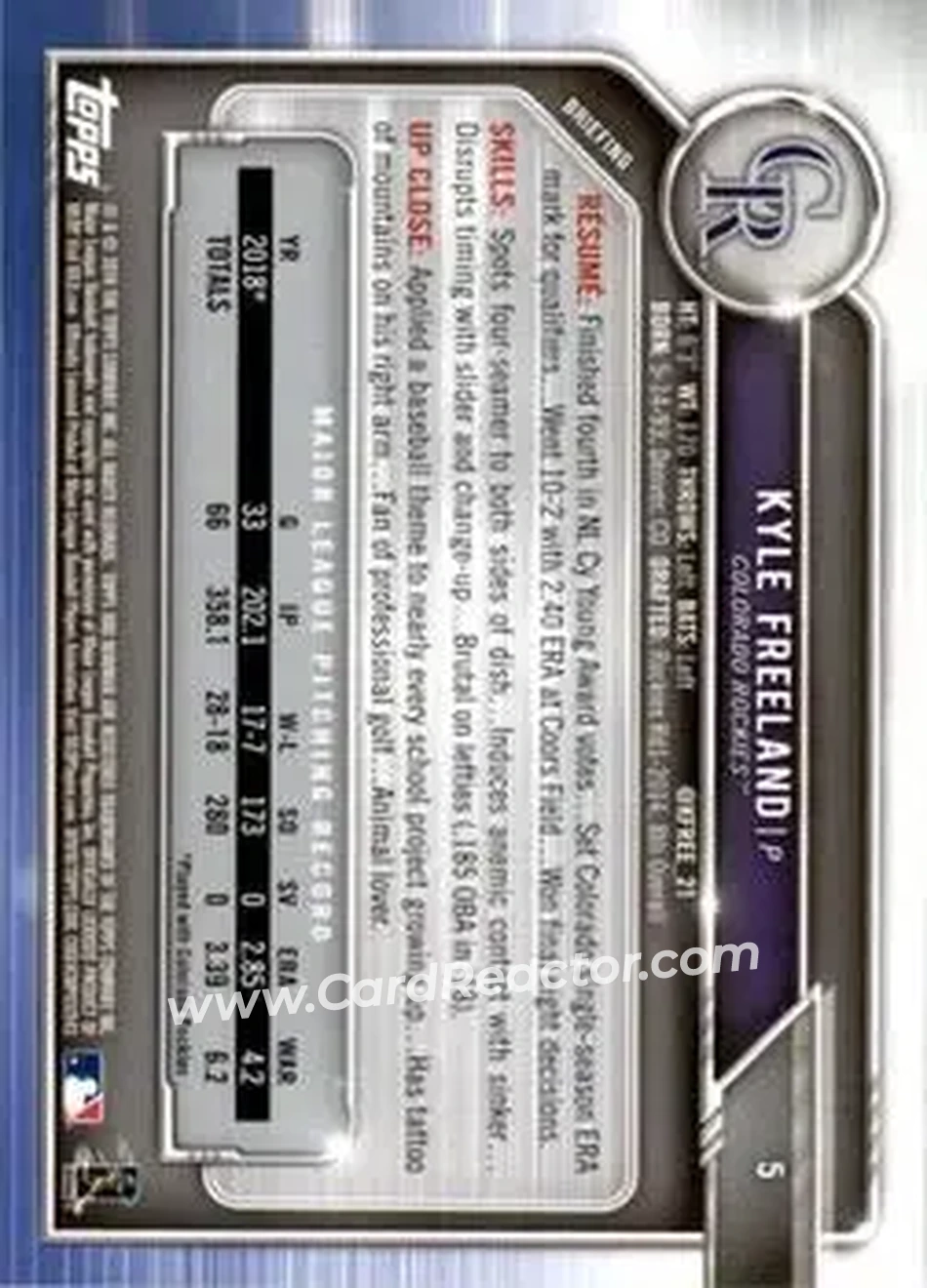 2019 Bowman - Green #5 - Kyle Freeland - Colorado Rockies - Back