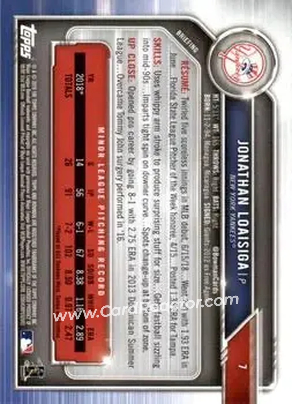 2019 Bowman - Green #7 - Jonathan Loaisiga - New York Yankees - Back