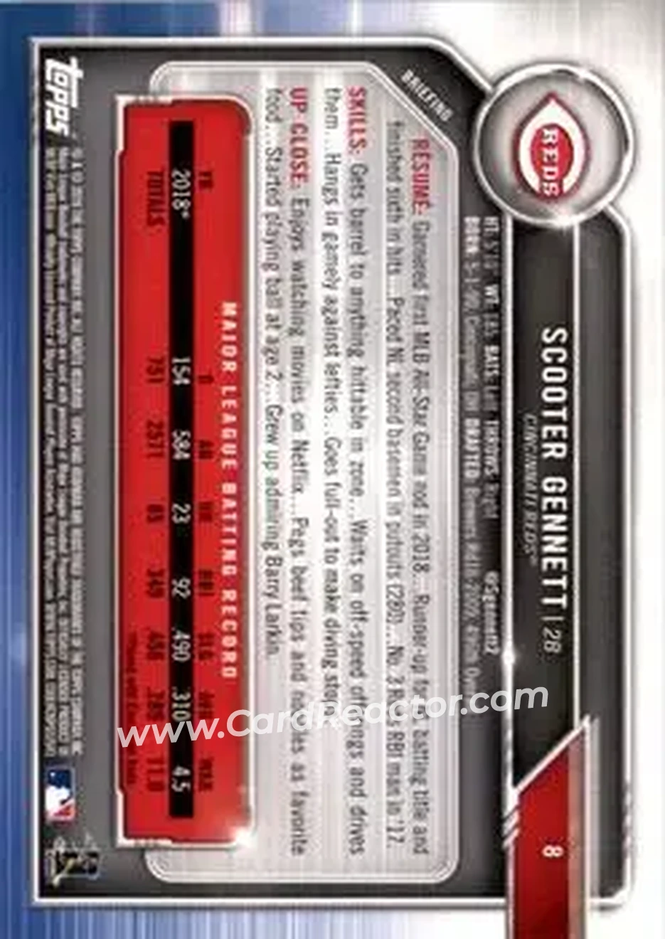 2019 Bowman - Green #8 - Scooter Gennett - Cincinnati Reds - Back 2019 Bowman - Green #8 - Scooter Gennett - Cincinnati Reds - Back