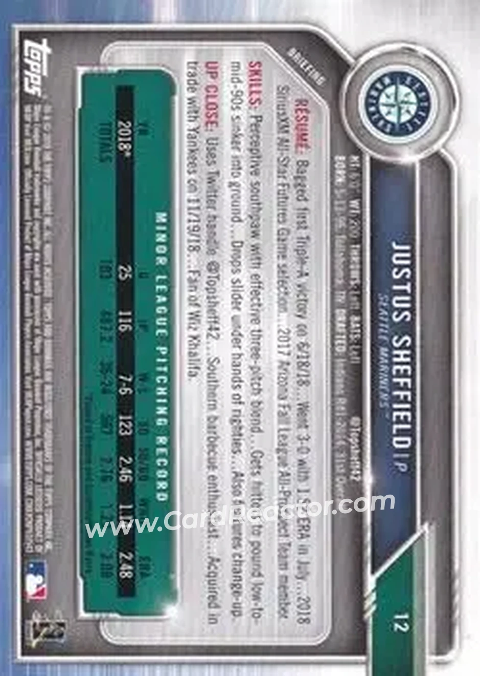 2019 Bowman - Green #12 - Justus Sheffield - Seattle Mariners - Back