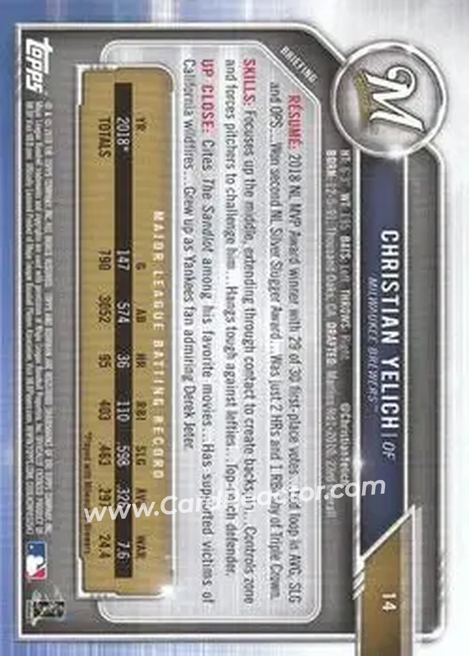 2019 Bowman - Green #14 - Christian Yelich - Milwaukee Brewers - Back