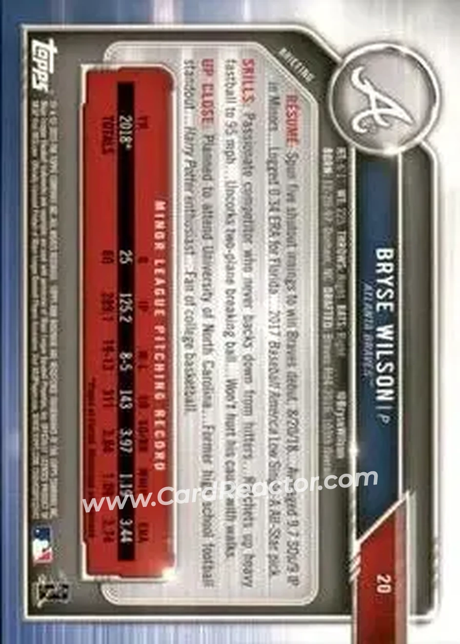 2019 Bowman - Green #20 - Bryse Wilson - Atlanta Braves - Back 2019 Bowman - Green #20 - Bryse Wilson - Atlanta Braves - Back